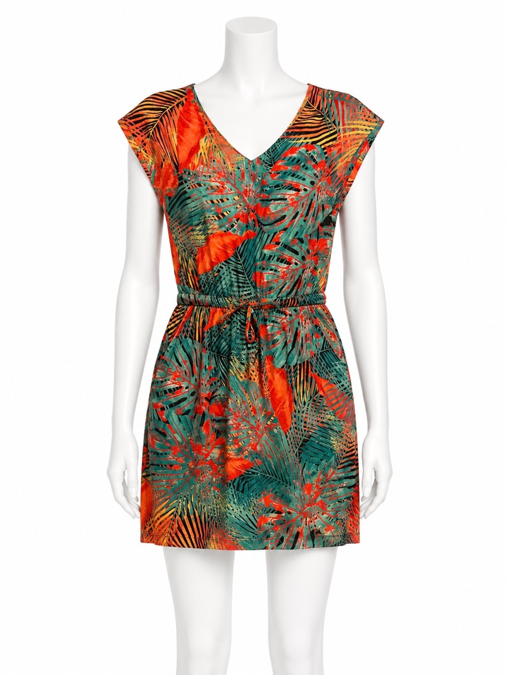 Tropical Leaf Print V-Neck Drawstring Dress - Multicolor